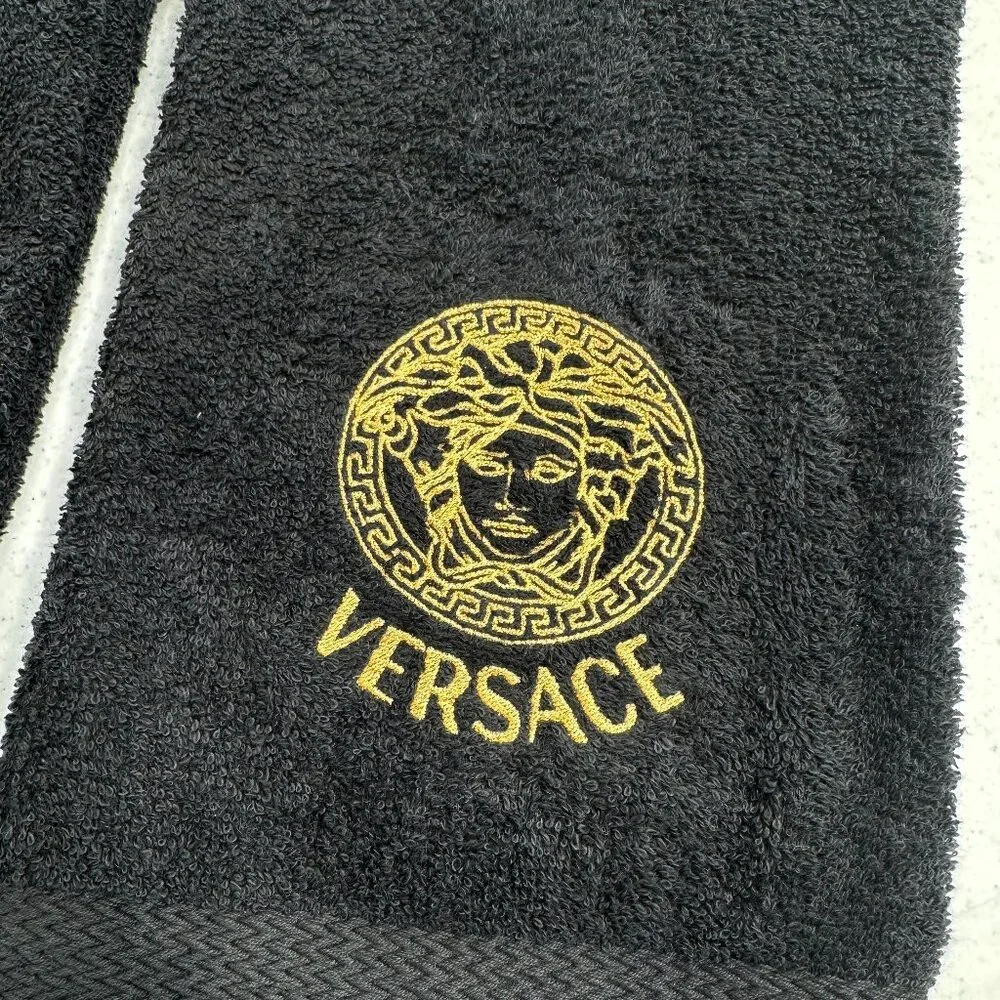 Versace Style Towels Embroidered Hand Towel Set Black Gold Bathroom Decor